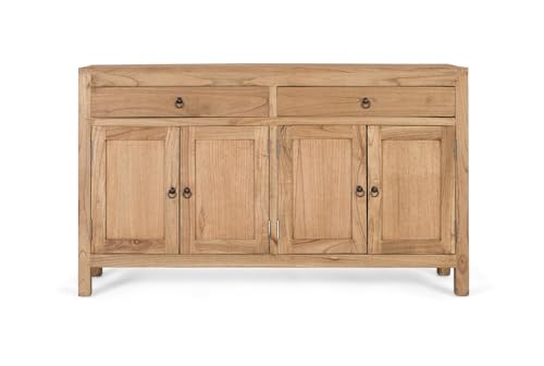 GC GINER & COLOMER Aparador de Madera Maciza de Mindi con 4 Puertas y 2 Cajones - Mueble de Almacenaje en Acabado Natural - Estilo Rústico y Colonial para Salón o Comedor - 140 x 40 x 82 cm
