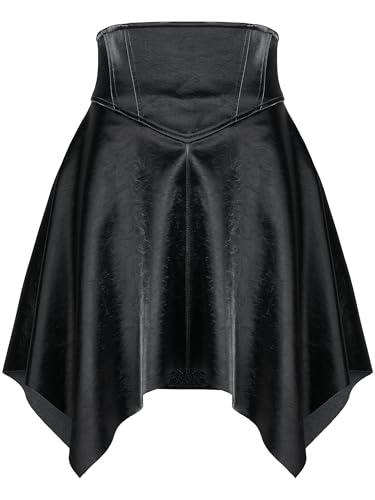 Goth High Waisted Faux Mini Leather Skater A-Line Flared Rave Skirt for Punk Rock Y2K Women