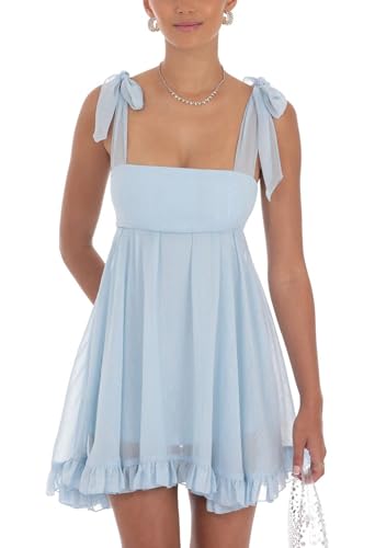 Image of Women Y2k Tie Shoulder Mini Dress Sleeveless Flowy Babydoll Dress Boho Floral Aline Short Sundress