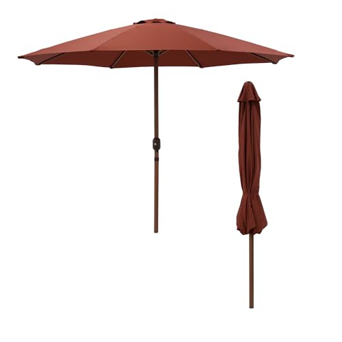 JJ. Parasol droit rond effet bois Ø300cm Parasol droit Ø3 m Ouverture avec manivelle Toile professionnelle 240g/m2 renforcée résistante aux UV Rouge oxyde
