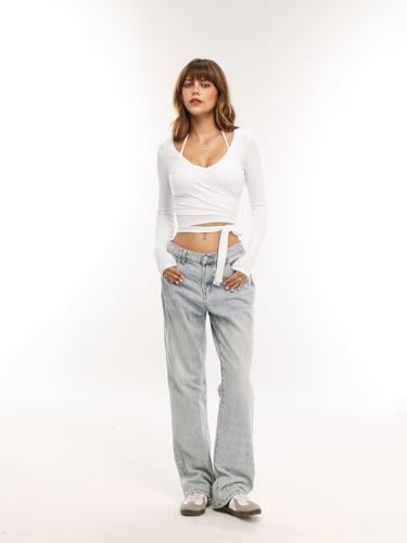 Danysu Ballet Wickeloberteile Langarm Crop Shirts mit Gekreuzten Bändern für Damen Tiefer V-Ausschnitt Tanzkleidung Y2k Cardigans Weiß S