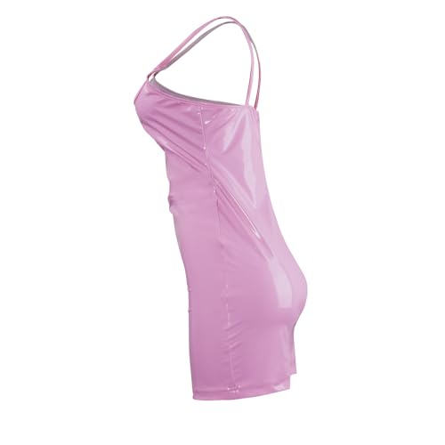 sedmoda Women Sexy Faux Leather Mini Dress Spaghetti Strap Bodycon PU Short Dresses Party Club Outfits4