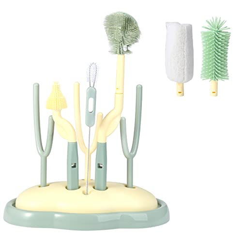 Image of VOOWO Baby Bottle Brush and Drying Rack, Rotating Silicone Brush With Long Handle, Bottle Cleaner & Nipple & Straw Cleaner (Green)
