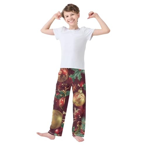 Christmas Balls Holly Leaves Boys Long Pants Soft Trousers Elastic Waist Kids Lounge Bottoms with Pockets S-XL3