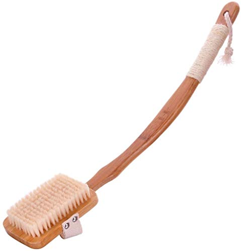 Long Handle Exfoliating Shower Brush, Shower Body Exfoliating Brush Bath Back Cleaning Scrubber with Upgrade Long Bamboo Handle Dry or Wet Skin Exfoliator Brush Stiff Bristles Washer for Men Women