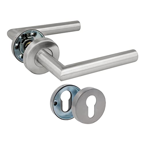 Amig - Türdrücker-Set mit Rosette Mod. 7RBX - Türgriffe aus Edelstahl - Für Innen- und Außentüren - Ergonomische Handkurbel - Inkl. Schrauben - Türklinke Außentür - Silber, 35/45, Edelstahl