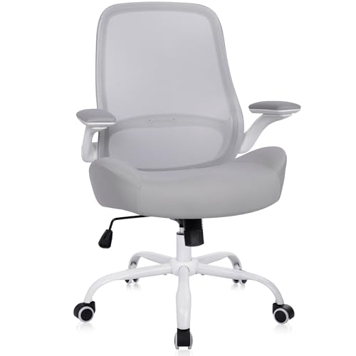 Image of HYLONE Office Chair Ergonomic Desk Chair with Flip up Armrests, 5 inch Thickened Seat Computer Chair with Mesh Back Home Office Computer Chairs for Long Hours Mesh Executive Chair(White Base & Grey)