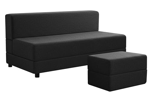 Image of 5X6-Feet Leg Sofa Cum Bed with Ottoman | Jute Fabric 3 Seater Convertible Sofa Bed | Modern Space Saving Furniture for Living Room | Black