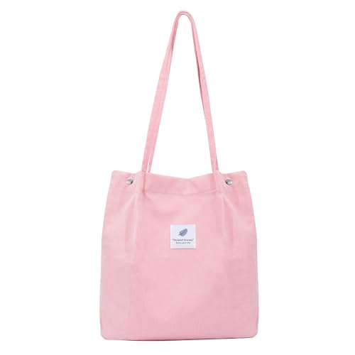 Heveer Bolso de Pana Bolsa Tote Mujer Bolsos Bandolera Tote Bolso Shopper para Todos los Días Compras Colegio Trabajar Viajar (Rosa)