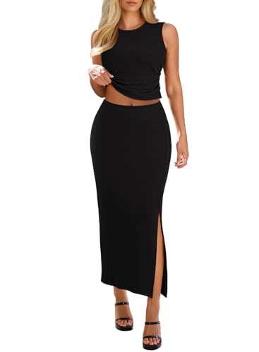 HUUSA Womens Two Piece Outfits Summer Bodycon Sleeveless Crewneck Crop Tank Tops Ribbed Split Long Skirt Dress Set