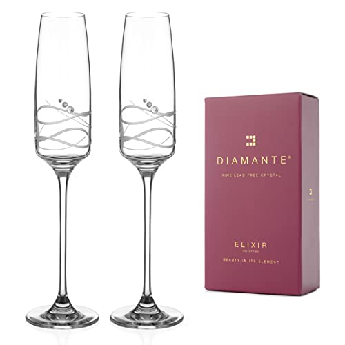 DIAMANTE Champagne Flute Prosecco Glasses Set - 'Soho' - Embellished with Swarovski Crystals - Gift Box of 2