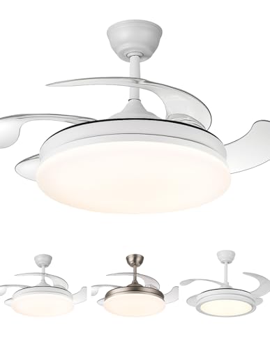 JARDIN202 - Ventilador de Techo LED con 4 Aspas 3500-4000-6500K Temporizador, 6 Velocidades, Aspas retráctiles | Tridente (Blanco)
