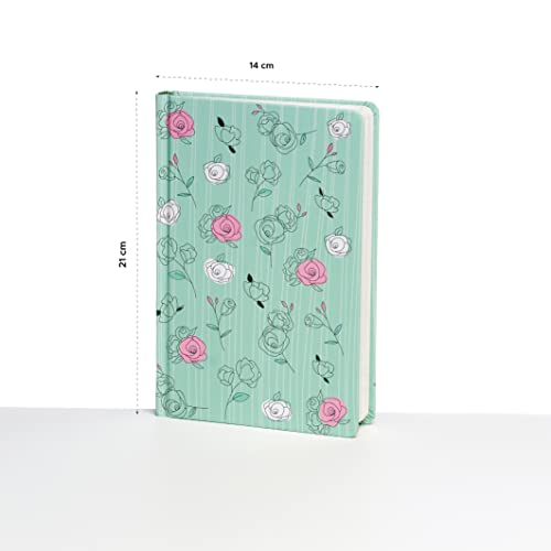 Image of FACTOR NOTES Hardbound Notebook: 100 GSM|A5|3 Bookmarks|200 Pages|Inner Pocket|Ruled (The Pastel Mint Roses)