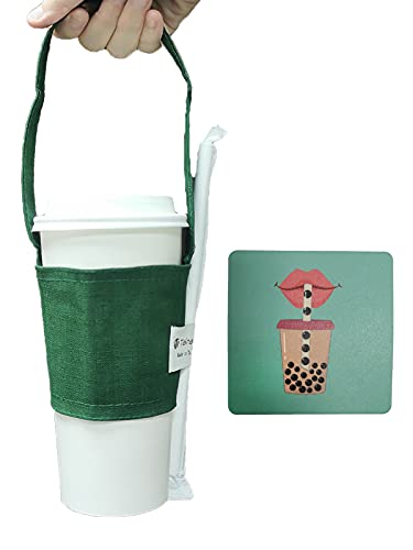 Image of Portable Coffee & Boba Cup Holder Strap (2 Pcs Set) (Dark Green) | Tainada Eco Friendly Foldable Hot & Cold Drink Carrier for Take Out; Ideal for Walking & Shopping; 1 Coaster Included