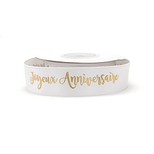OMISS - Ruban Satin Blanc - Joyeux Anniversaire - Décoration pour Anniversaire (Satin Blanc)