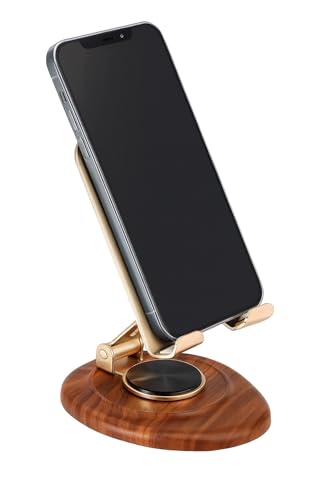 Image of 360 Degree Rotation Wooden Golden Premium Metal Mobile Holder for Desktop and Tables Adjustable Height and Angle Compatible with All Smartphones and Tablets 4-10 inch' Anti Slip Bracket Mobile Stand