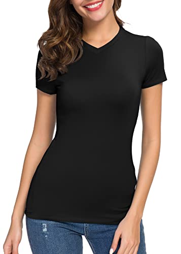 Urban CoCo Women's Basic Slim Fitted Tee Tops Short Sleeve Stretchy Bodycon V-Neck Tight T-Shirt4