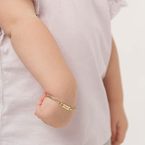 14k Yellow Gold Unisex Adjustable Girls Name ID Bracelet Engravable Heart Tag - Figaro Link Chain Rectangular Name Plate Bracelets for Babies & Children2