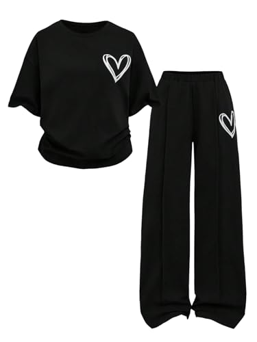 Verdusa Girl's 2 Piece Outfits Heart Print Short Sleeve Oversized