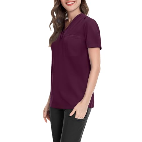 Image of FONMA Scrub Tops Women Plus Size Stretchy V-Neck Scrub Shirts with 4 Pockets Breathable Short Sleeve Nurse Uniforms