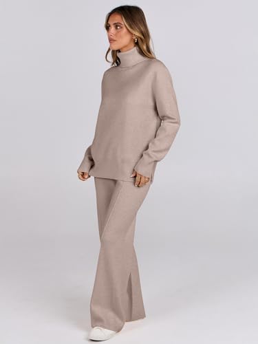 ANRABESS Womens 2 Piece Outfits Turtleneck Matching Lounge Set Sweater Top Wide Leg Pants Fall Cozy Knit Sweatsuit Loungewear3