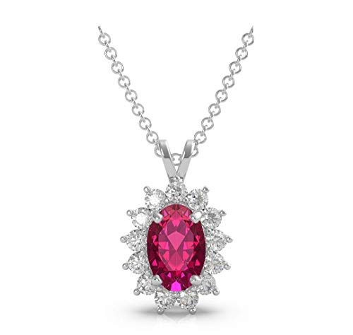 925 Sterling Silver 5/8 Cttw Oval 6x4 mm Ruby Diamond Halo Pendant Necklace for Women with 16