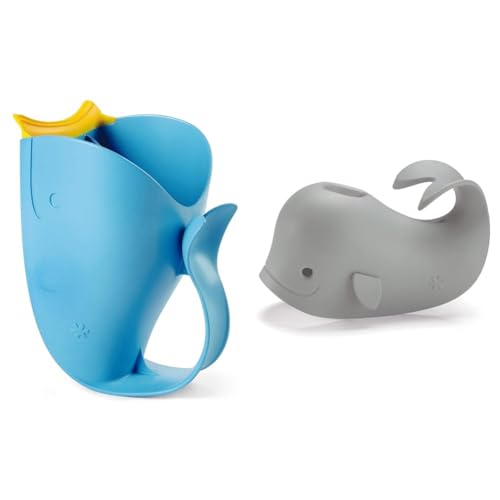 Image of Skip Hop Baby Bath Rinse Cup, Moby Tear-Free Waterfall Rinser, Blue & Baby Bath Spout Cover, Universal Fit, Moby, Grey