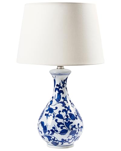 Beliani Lampe à Poser de Table en Porcelaine Abat-Jour Tambour en Lin Base Florale Éclairage Bleu et Blanc Carmen
