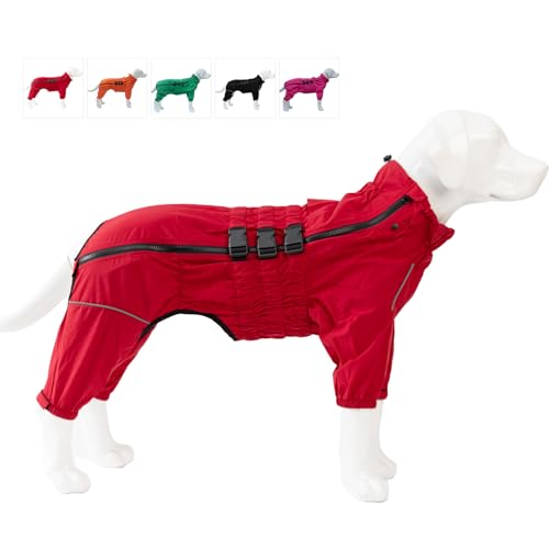 Lovelonglong Waterproof Dog Raincoat4-Leg Full Body Dog Rain Suit with Reflective Strips & Leash Opening Outdoor Dog Jacket for Rainy Weather