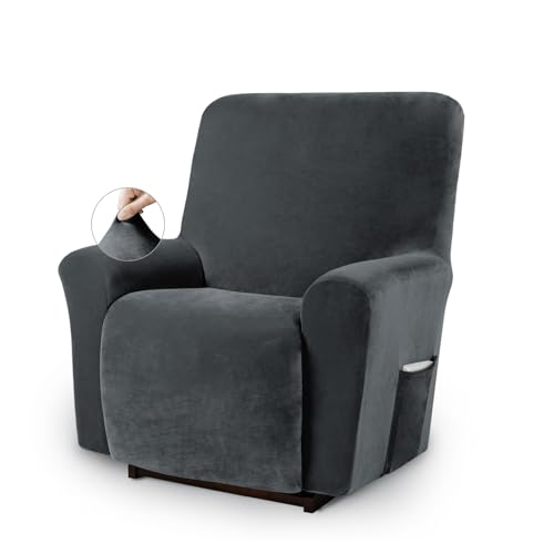 Asnomy Recliner Chair Covers Lazy Boy Recliner Covers with Pockets Stretch Velvet Couch Cover Slipcovers 1-Piece Furniture Protector for Dogs Cats(Recliner,Dark Grey)