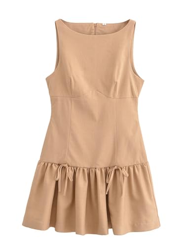 IQSQSQ Womens Sleeveless Pleated Dress Girdling A Line Solid Color Pullover Round Neck Bow Zipper Back Mini Dress(Khaki-S)