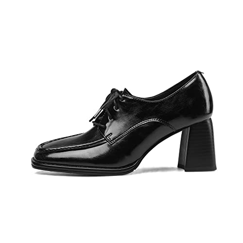 TinaCus Women's Genuine Leather Handmade Lace Up Mid Chunky Heels Stylish Pumps Shoes2