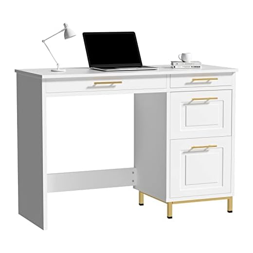 4 EVER WINNER Computer Desk with 4 Drawers, Home Office Desk White and Gold for Bedroom, Modern Writing Executive Desk with Drawers and Gold Base, Small Modern Desk for Small Places