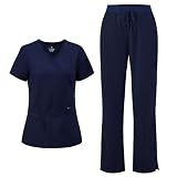 COZYFIT Scrubs for Women - Mock Wrap Top & Straight Leg Pants with 6 Pockets, Back Princess Seams, Soft Fabric Medical Scrubs Set Workwear for Women, Navy Blue, M