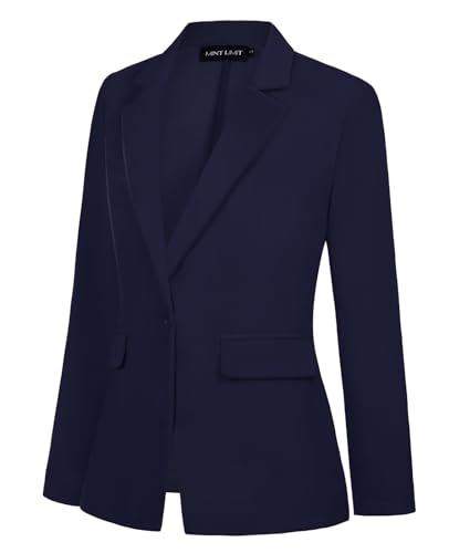 MINTLIMIT Womens Blazer Notched Lapel Button Front Jacket Suits with Pockets Formal Work Office,Navy Blue,S2