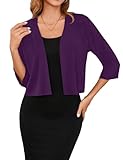 Iandroiy Women's 3/4 Sleeve Open Front Cropped Cardigan Sweater Elegant Shrugs for Women (Large, Purple)