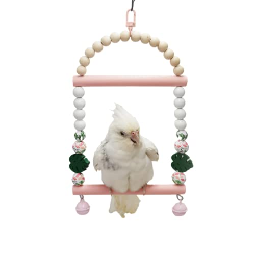 Wooden Bird Swing for Cockatiels Parrot Perch Hanging Toys Parakeets Birdcage Stands Cage Playground Play Gyms (Pink)