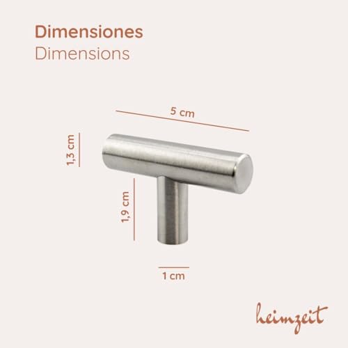 heimzeit Tiradores de Armarios y Cómodas de Acero Inoxidable para Puertas y Cajones [6 Piezas, en forma de T] Color: Plateado, Diseño Elegante, Pomos Armario con Manija de un agujero con tornillos