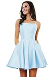 Sukleet Short Light Blue Homecoming Dresses with Pockets for Teens Open Back Prom Gowns Spaghetti Straps Satin Cocktail Dress Size 8