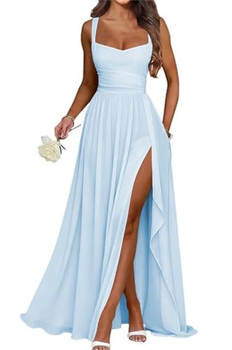 ZMKI608 Robe de demoiselle d'honneur de princesse à bretelles spaghetti Robe de bal en mousseline de soie Robe de soirée formelle avec fente, bleu clair, 40