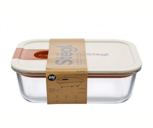 Image of STEGL Glass Food Storage Container with One-Handed Easy-Slide Unlock Lid | Airtight Leak-Proof Food Container with Pull-Ring | Microwave Dishwasher Safe Kitchen Storage Container