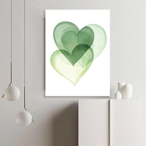 Toile minimaliste cœur vert sauge pour une ambiance douce à la maison