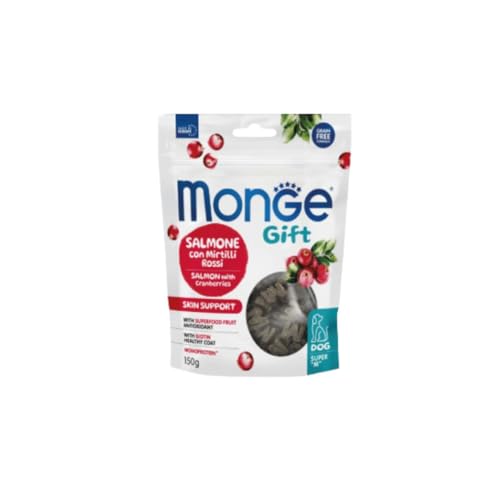 Monge Snack Cane Gift, snack per cani di tutte le taglie, gusto Salmone con Mirtilli rossi, senza cereali, favorisce la lucentezza del manto | 3 confezioni da 150 grammi l’una.