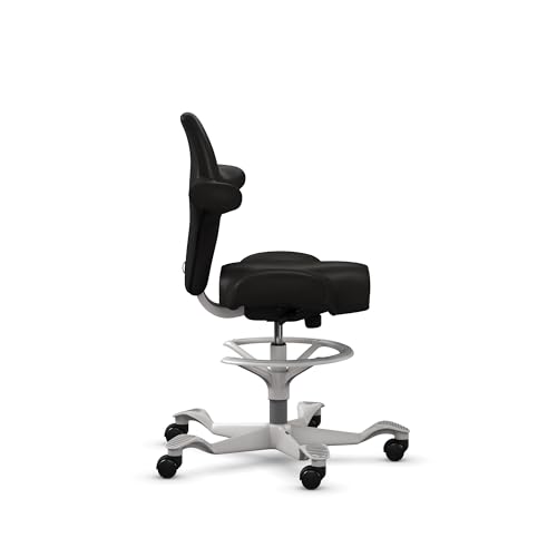 Image of HAG Capisco Sit to Stand Chair-Silver Frame-Upholstered Black Onyx Vinyl-with Foot Ring