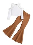 Hilinker Girl's Long Sleeve 2 Piece Outfits Ribbed Ruffle Cold Shoulder Top and Flare Pants Set White Brown 9-10 Year