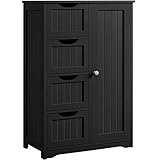 Topeakmart Wooden Bathroom Floor Cabinet, Free Standing Side Cabinet w/4 Drawers & 3 Tier Cupboard Storage Organizer Unit Hallway/Entryway Cabinet, Black