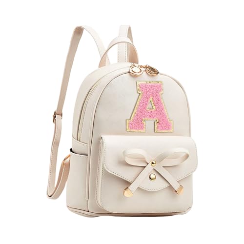 Image of Initial Cute Mini Backpack for Women, Bowknot Small Backpack Purse Personalized Letter Style Travel Leather Backpack Shoulder Bag, White (Letter A)