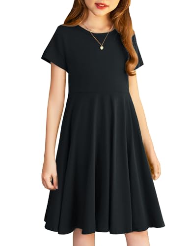 Arshiner Girls Dress Short Sleeve A Line Swing Skater Asymmetrical Hem Dress 2-12 Years 150, L(14)