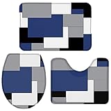 Geometric Navy Blue Bathroom Rug Set 3 Pieces,Toilet Seat Cover/Bathroom Floor Mat/Contour Rug for B