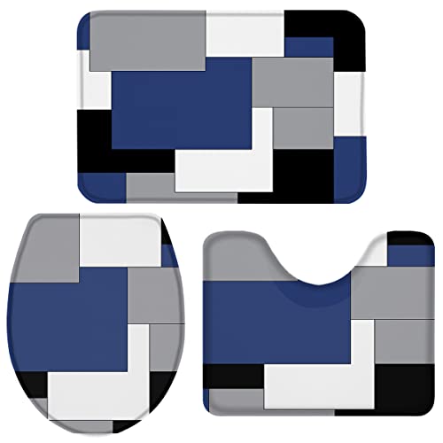 Geometric Navy Blue Bathroom Rug Set 3 Pieces,Toilet Seat Cover/Bathroom Floor Mat/Contour Rug For Bathroom,Black Blue Grey Abstract Art Patchwork Non-Slip Bath Rug Set 20"X31"=16"X18"+16"X20" #TOP4